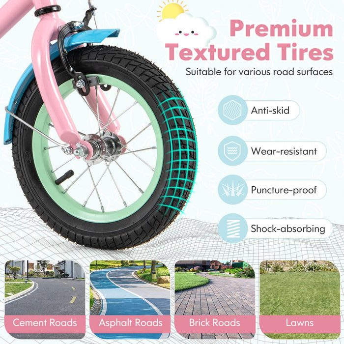 Costway 12" Kids Bike With Adjustable Saddle Handlebar Removable Training Wheels Handbrake Pink