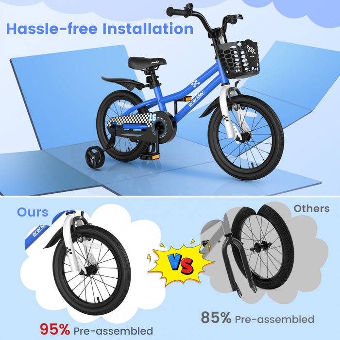 Costway 16" Kid's Bike With Removable Training Wheels & Basket For 4-7 Years Old Blue