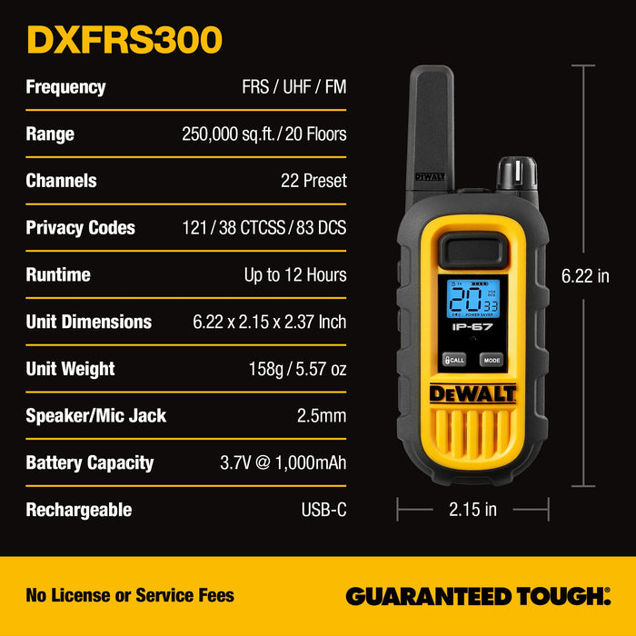 2 Dewalt Dxfrs300 Walkie Talkies - 1 Watt, Heavy Duty, 22 Channel Long Range Two Way Radios