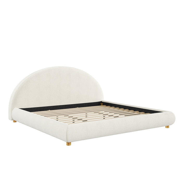 Harold Platform Bed with Boucle Upholstered Round Curved Headboard and Low-Profile Frame,King Size,White King Bed  