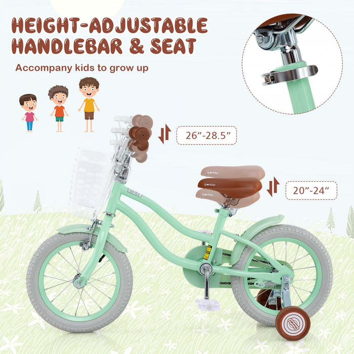Prorider 14" Kid's Bike With Removable Training Wheels & Basket For 3-5 Years Old Green