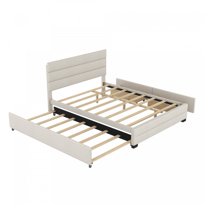 Sophie Linen-look Fabric Upholstered Platform Bed With Trundle And Storage Drawers, Queen Size - Beige 