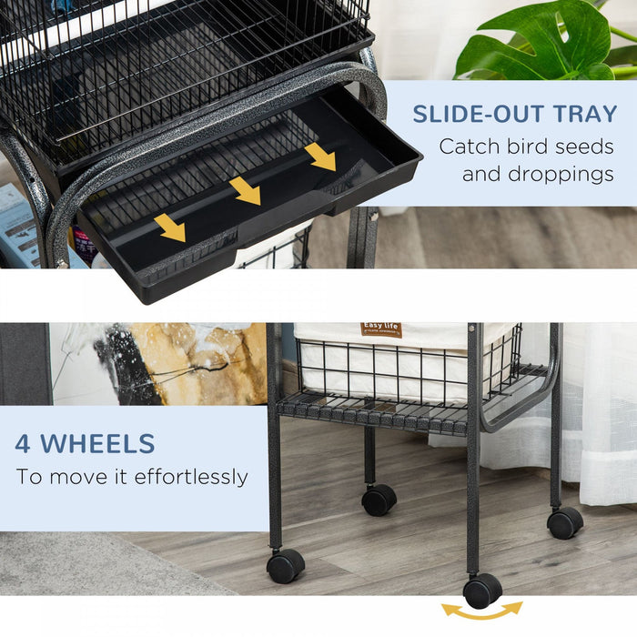 Pawhut 44.5\"h Metal Bird Cage Parrot Play Spot Stand W/ Wheel Storage Shelf Multi-doors Black