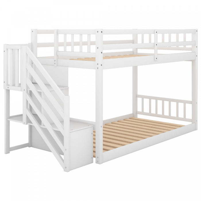 Joanna Twin Floor Solid Wood Bunk Bed With Storage Ladder, Low Height Design - White 