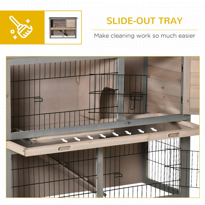 Pawhut 2-tier Wooden Rabbit Hutch Backyard Bunny Cage Habitat Small Animal House W/ Ramp, Slide Out 