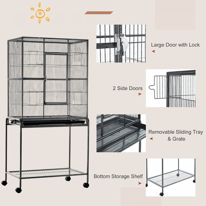 Pawhut 64\" Large Bird Cage, Rolling Metal Parrot Cage, Bird House With Detachable Rolling Stand, Sto