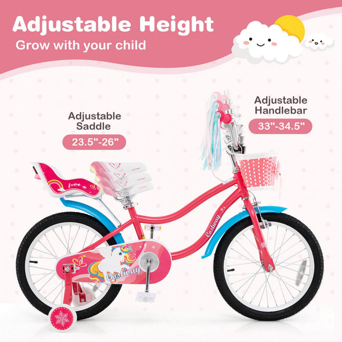 Costway 18" Kids Bike For 4-8 Years Old With Basket Doll Seat & Colorful Streamers Kickstand Pink