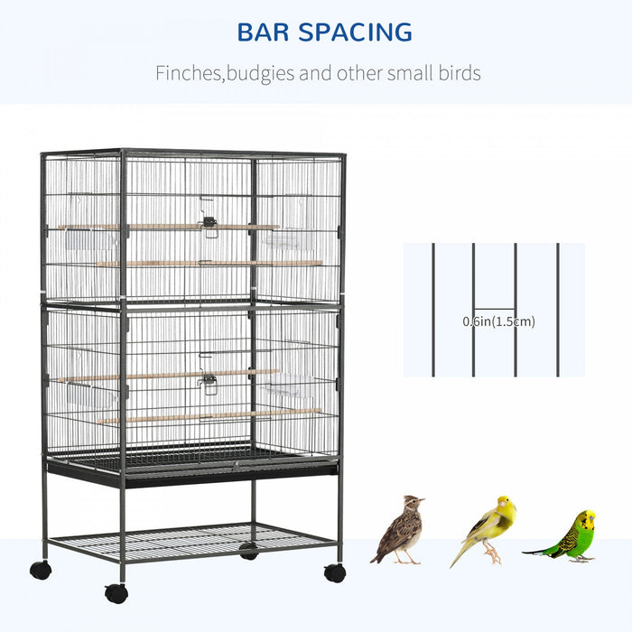 Pawhut 52\" Large Rolling Steel Bird Cage Bird House With Rolling Stand, Storage Shelf, Wood Perch, F
