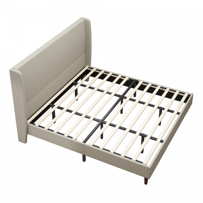 Harper Upholstered King Bed Frame with High Headboard, Linen Fabric - Beige 