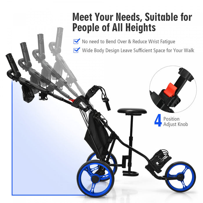 Goplus Folding 3 Wheels Golf Push Cart W/seat Scoreboard Adjustable Handle Blue