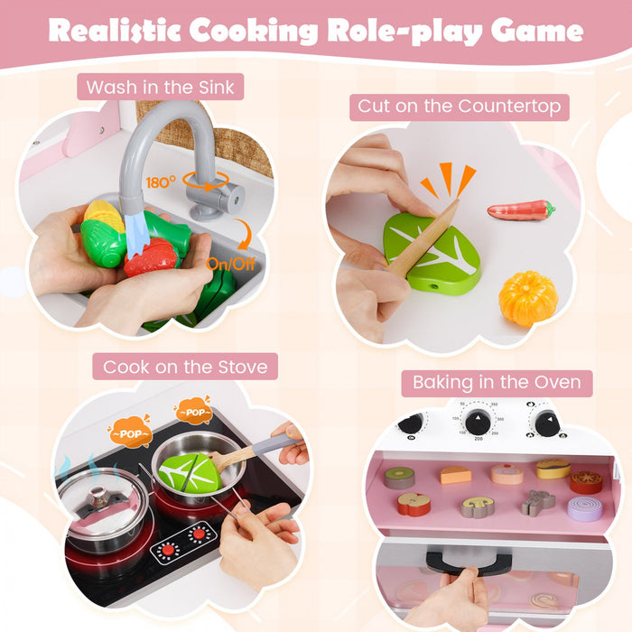 Honeyjou Corner Play Kitchen Toddler Kitchen Playset With Range Hood, Ice Maker, Microwave Pink