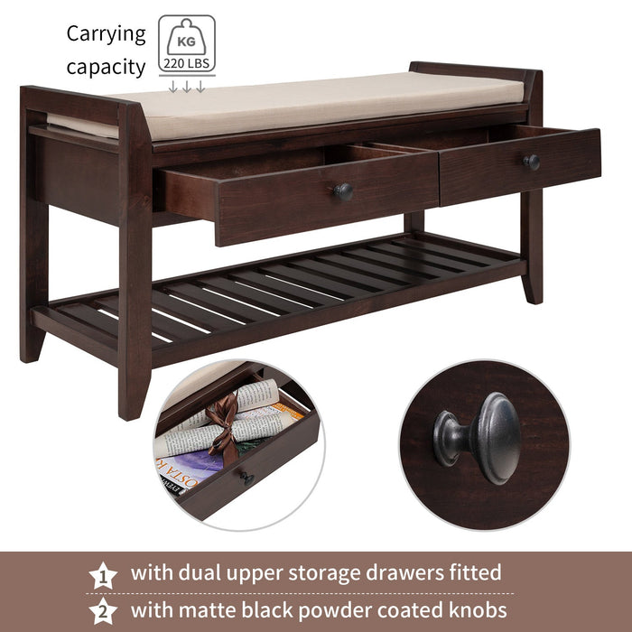 Stephanie Pine Wood Shoe Rack Bench With Cushioned Seat With Storage Drawers - Espresso 
