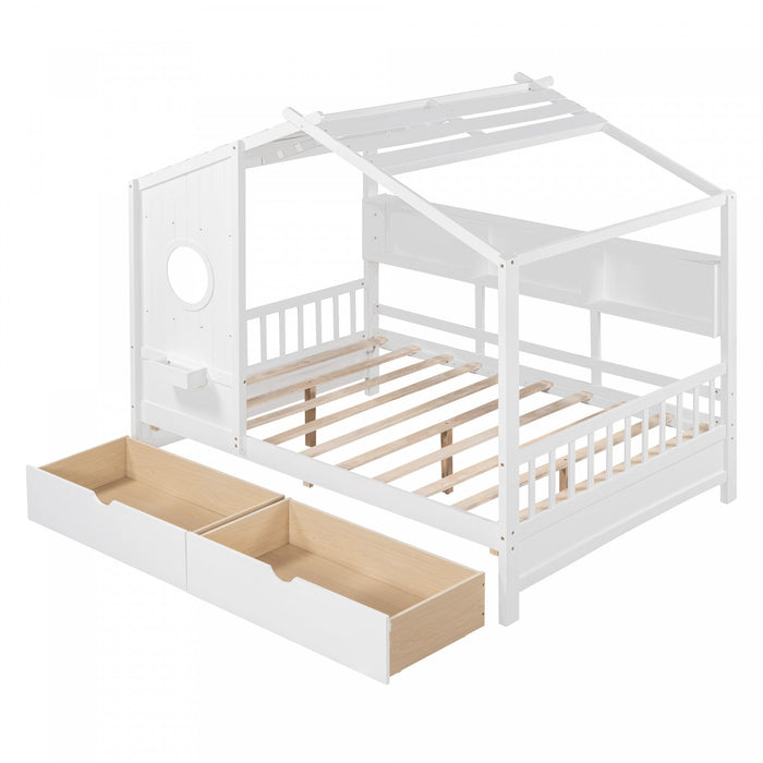 Jeames Wood House Bed with 2 Storage Drawers and Shelf, Full Size - White 