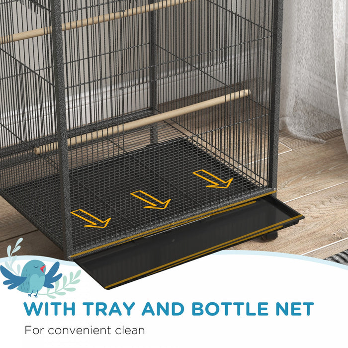 Pawhut 29\" Bird Cage With Rolling Stand For Parrots, Love Birds, And Finches, Large Bird Cage With C