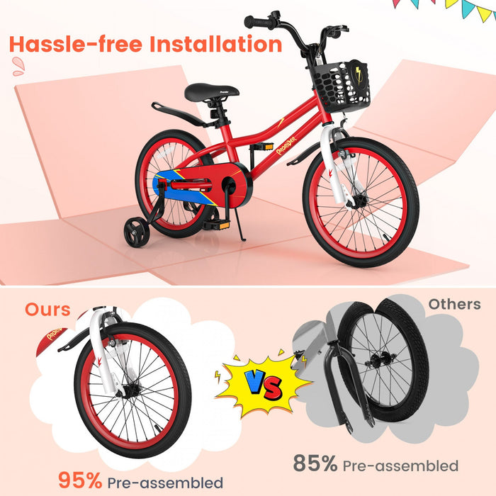 Costway 18" Kid's Bike With Removable Training Wheels & Basket For 4-8 Years Old Red