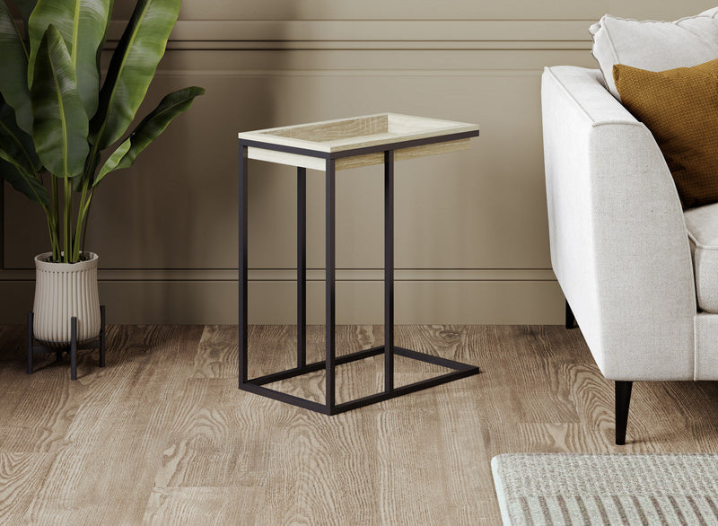 C-Shaped End Table With Sunkey Track - Brown Breech Wood With Black Metal 