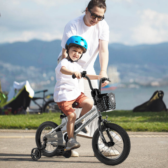 Costway 14" Kid's Bike With Training Wheels Adjustable Handlebar & Seat Handbrake Silver