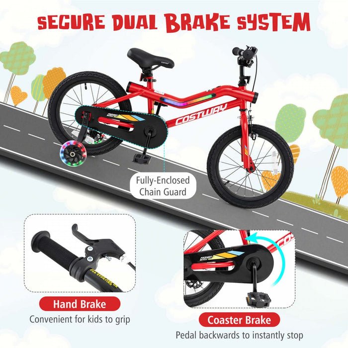 Costway 16" Led Lighted Kids Bike With Adjustable Seat Coaster Brake Training Wheels Red