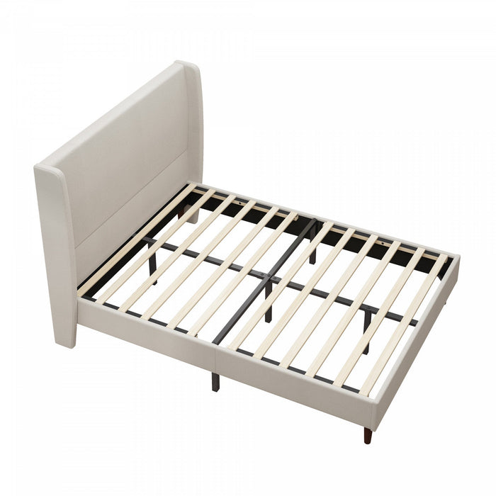 Harper Upholstered Queen Bed Frame with High Headboard, Chenille Fabric - Beige 