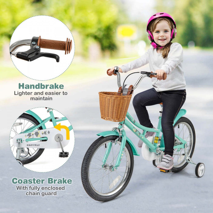 Costway 18" Kids Bike With Height Adjustable Handlebar Seat Basket Bell Training Wheels Green