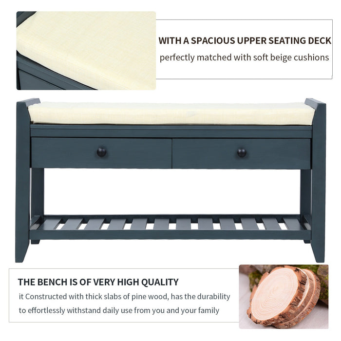 Stephanie Pine Wood Shoe Rack Bench With Cushioned Seat With Storage Drawers - Antique Navy 