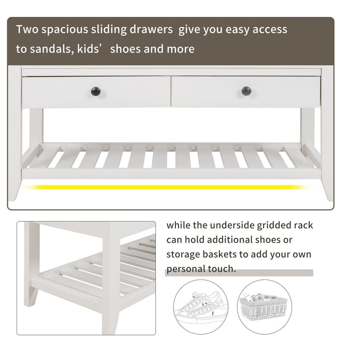 Stephanie Pine Wood Shoe Rack Bench With Cushioned Seat With Storage Drawers - White 