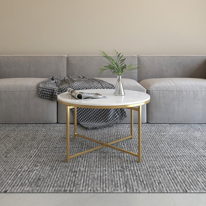 Gilded Round Coffee Table White Marble Tabletop 