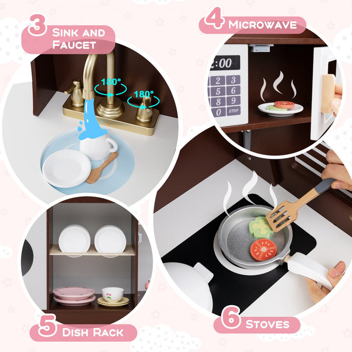Honeyjoy Kids Kitchen Set Wooden Kitchen Playset With Clock, Microwave, Sink, Dish Rack Brown