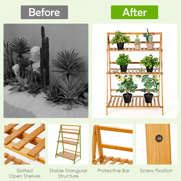 Costway 3 Tier Bamboo Flower Pot Shelf Stand Folding Display Rack Garden Yard