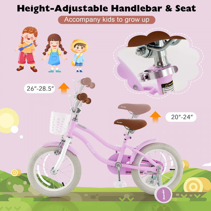 Costway 14" Kid's Bike With Removable Training Wheels & Basket For 3-5 Years Old Purple