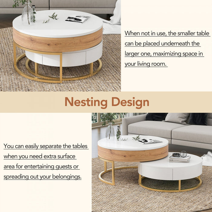 Sherry 31.5\" Round Engineered Wood Lift-top Nesting Coffee Table With Drawers - White 