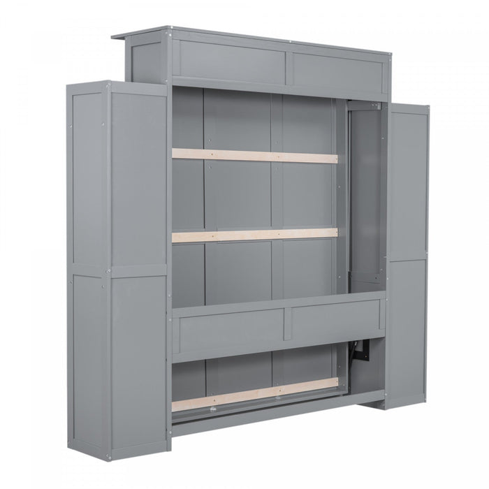 Glenn Engineered Wood Murphy Bed With Shelves And Led Lighting, Queen Size - Grey 