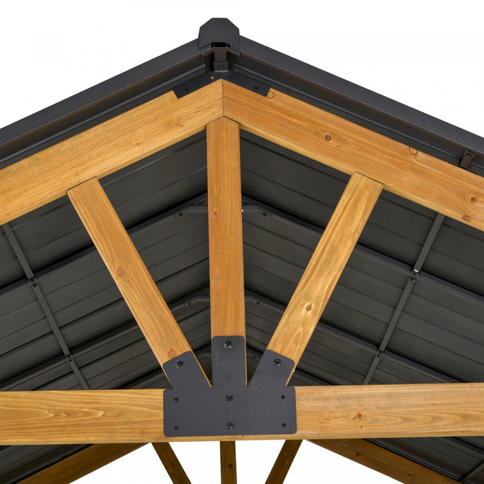 Outsunny 11' X 13' Wooden Gazebo Canopy Outdoor Sun Shade Shelter W/ Steel Roof, Solid Wood, Black &