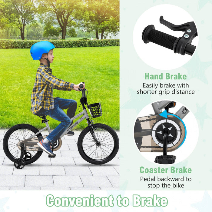 Costway 16" Kid's Bike With Training Wheels Adjustable Handlebar & Seat Handbrake Silver