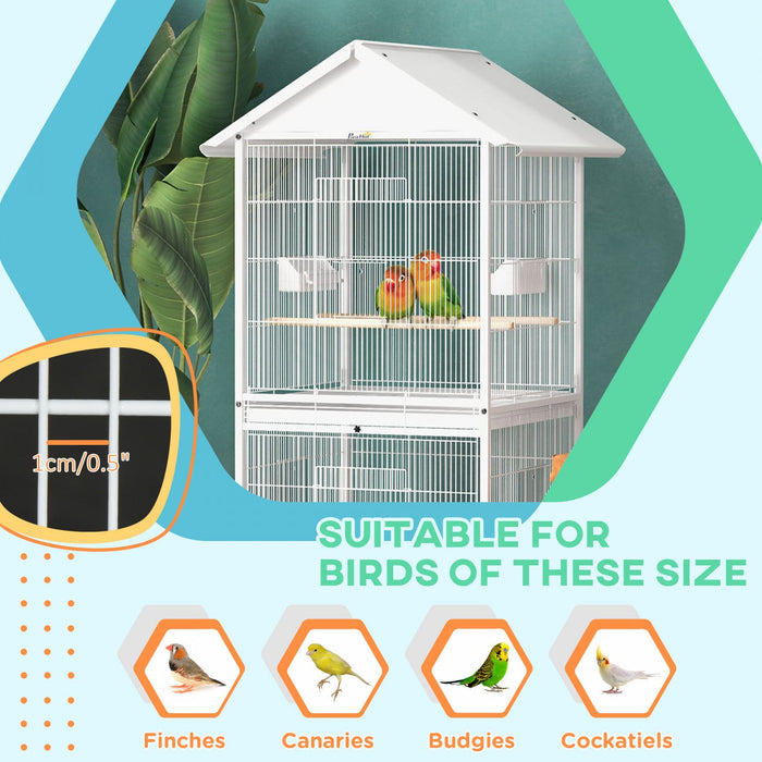 Pawhut Wrought Metal Bird Cage Feeder With Rolling Stand Perches Food Containers Doors Wheels 67\" H,