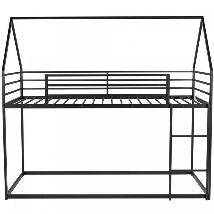 Liam House Bunk Bed with Built-in Ladder and Metal Frame,Twin Over Twin Size,Black  