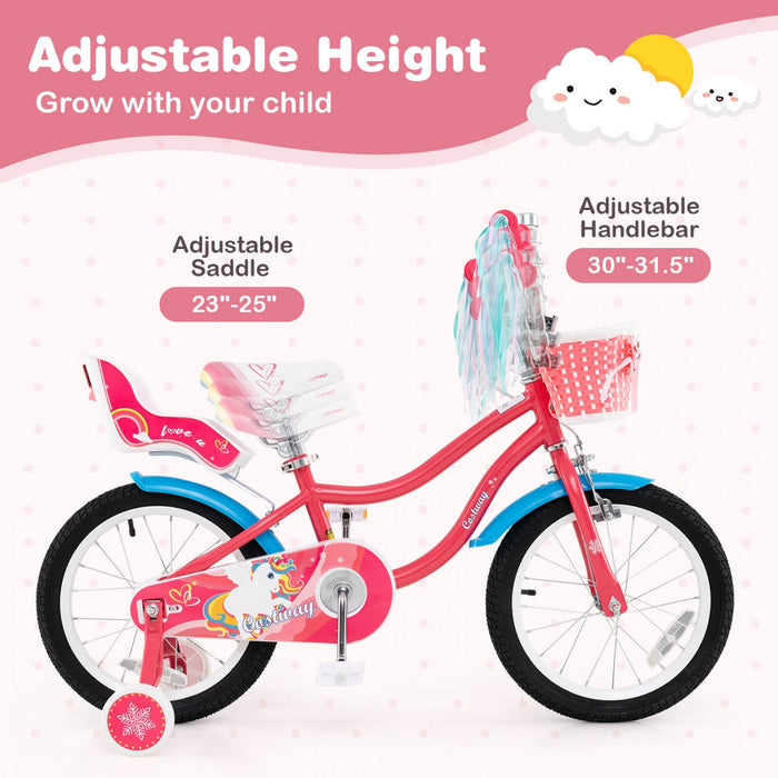 Costway 16" Kids Bike With Basket Doll Seat & Colorful Streamers 2 Training Wheels Pink