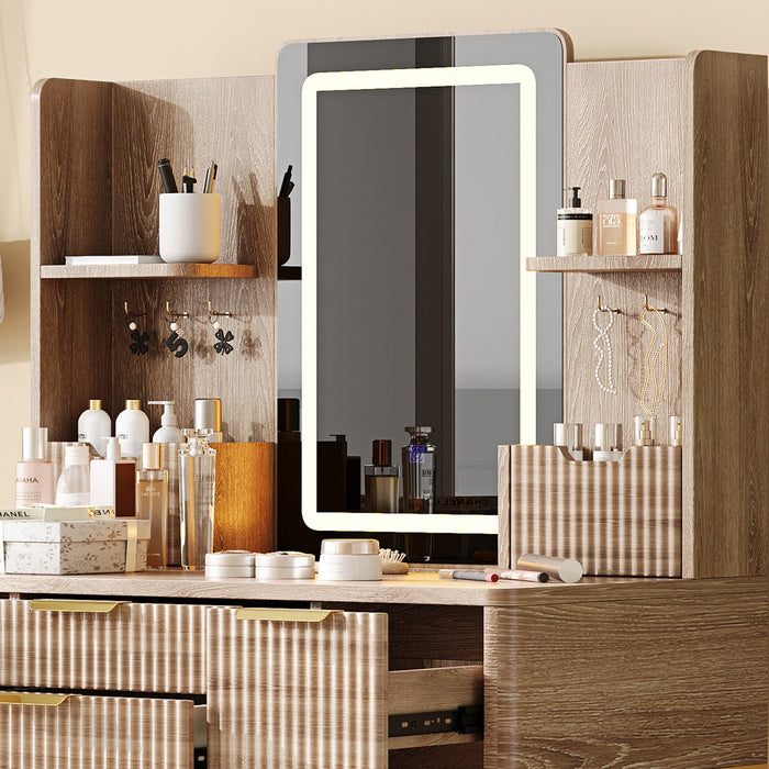 Isabella 4-Drawer Vanity Table Set with LED Mirror and Metal Legs,Yellow Brown Mirror Cabinet  