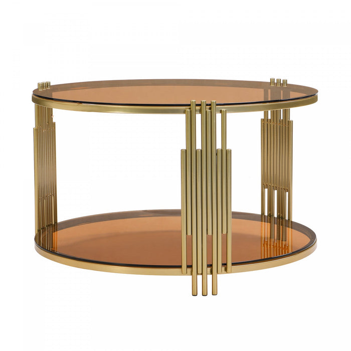 Jonas 31.5\" Round Tempered Glass Coffee Table With Lower Shelf - Brown 