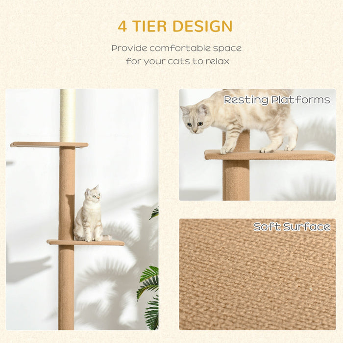 Pawhut 100\" Floor To Ceiling Cat Tree W/ 3 Perches Activity Center For Kittens Cat Tower Furniture, 