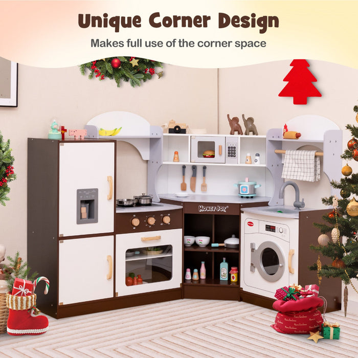 Costway Corner Play Kitchen With Ice Maker Microwave Oven For Kids 3+ Years Old Wooden Toy