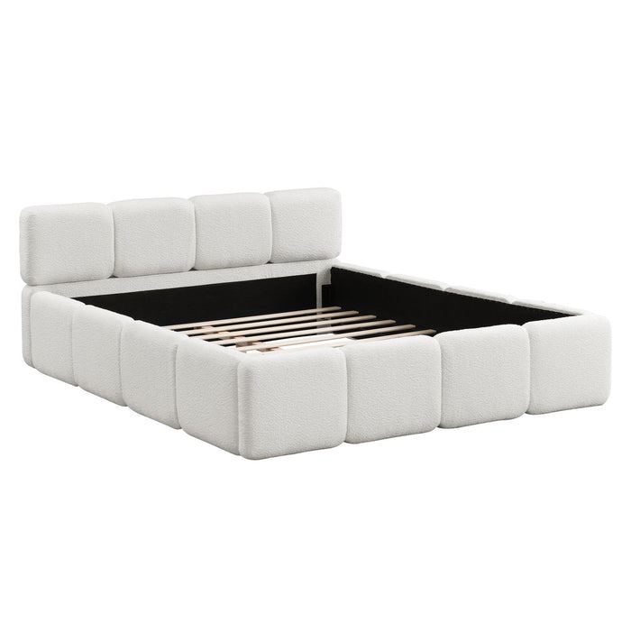Aiden Platform Bed with Supportive Upholstered Frame in Boucle Fabric,Queen Size,White Queen Bed  