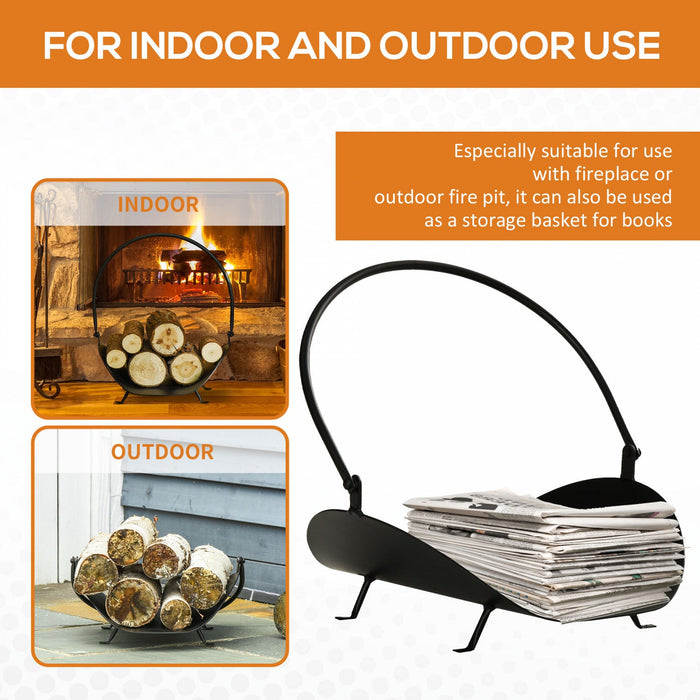 Outsunny 16\" Firewood Log Rack Curved Fireplace Log Holder Wood Storage Basket Carrier With Handle, 
