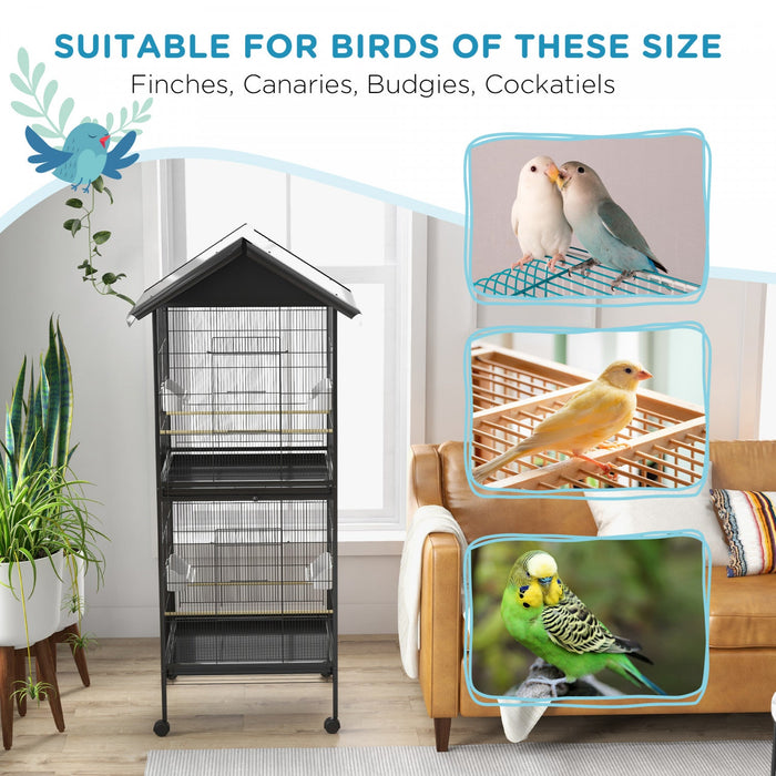 Pawhut Wrought Metal Bird Cage Feeder With Rolling Stand Perches Food Containers Doors Wheels 67\" H,