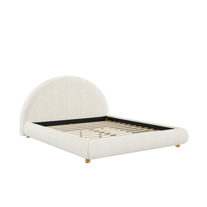 Harold Platform Bed with Boucle Upholstered Round Curved Headboard and Low-Profile Frame,Queen Size,White Queen Bed  