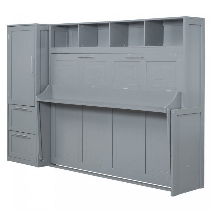 Dennis Engineered Wood Full Murphy Bed With Shelves And Drawers - Grey 