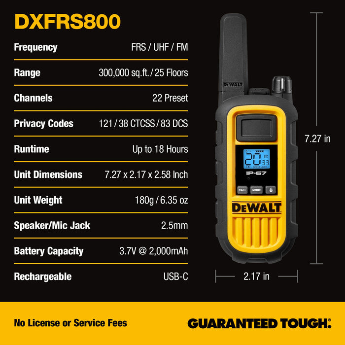 2 Dewalt Dxfrs800 Walkie Talkies Plus Earpieces - 2 Watt, Heavy Duty, 22 Channel Long Range Two Way 