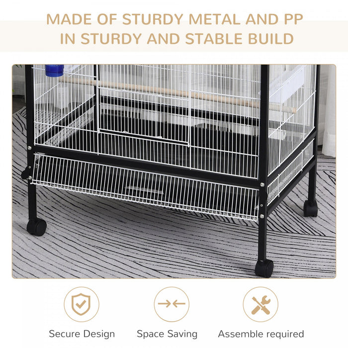 Pawhut 30x20.5x54-inch Bird Cage Parrot Macaw Finch Cockatoo Flight Cage With Wheels Black/white