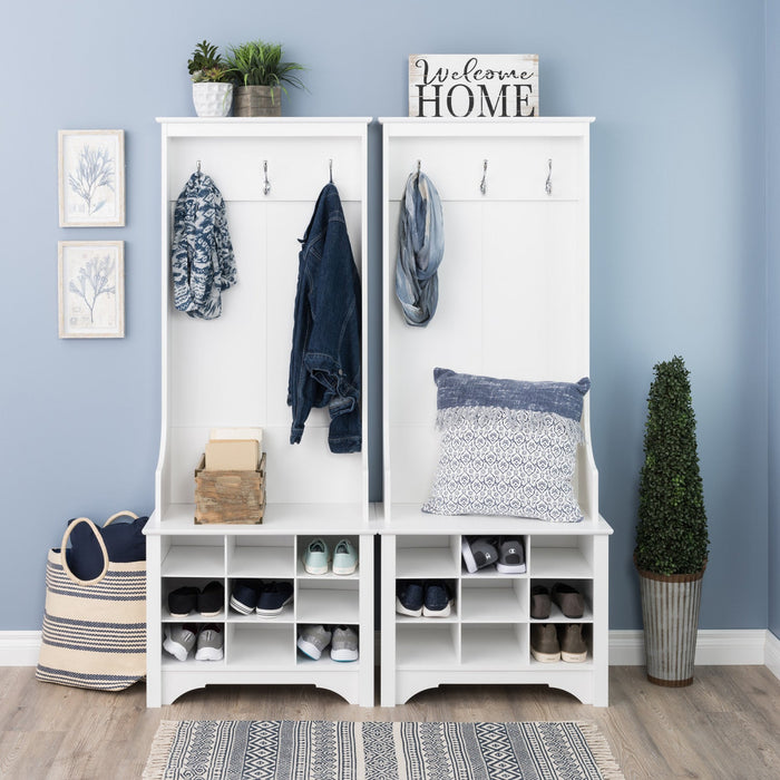 Narrow Hall Tree with Nine Shoe Cubbies - White
