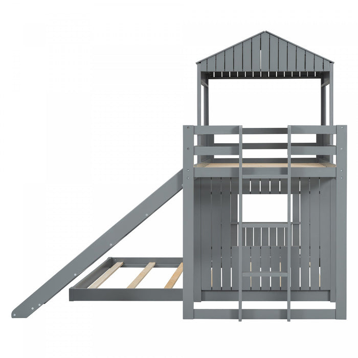 Marico Twin Over Solid Wood Full Bunk Bed With Slide, Playhouse Design - Grey 